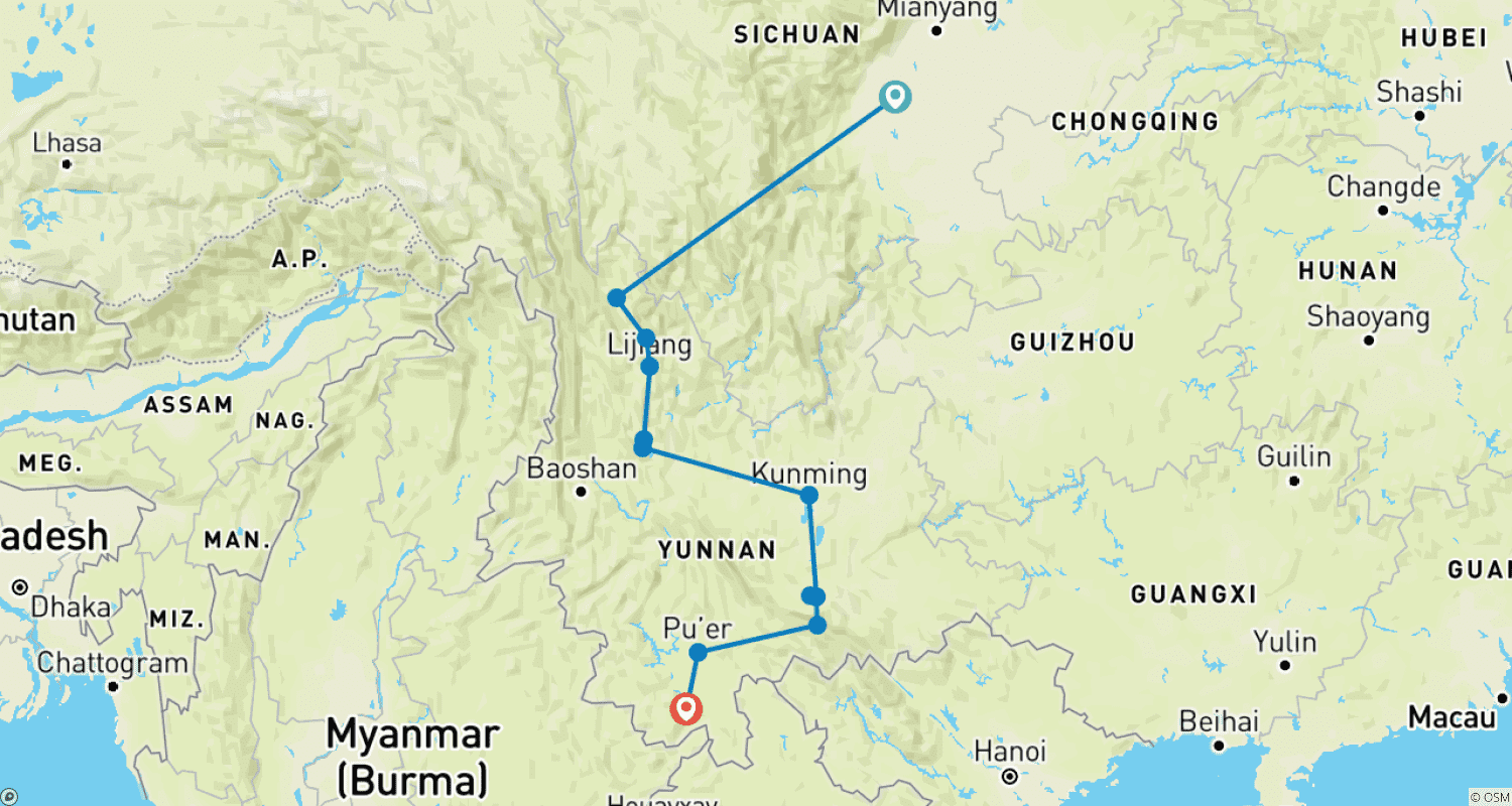 China - Yunnan's Mosaic of Traditionsのルートマップ