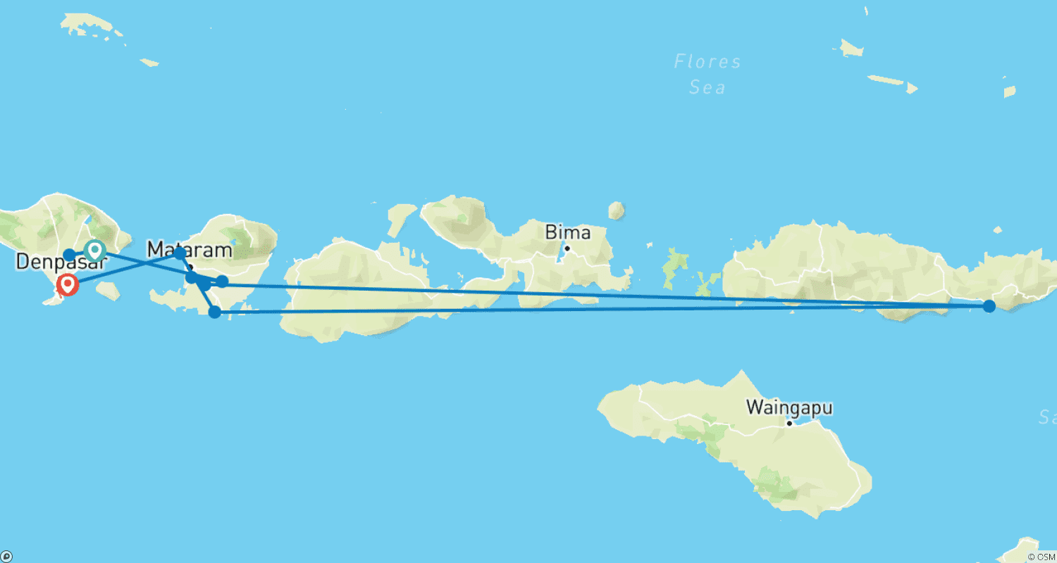 Mapa do percurso de Escapada de 12 Dias na Indonésia: Explore Sidemen, Lombok e Sanur em Bali
