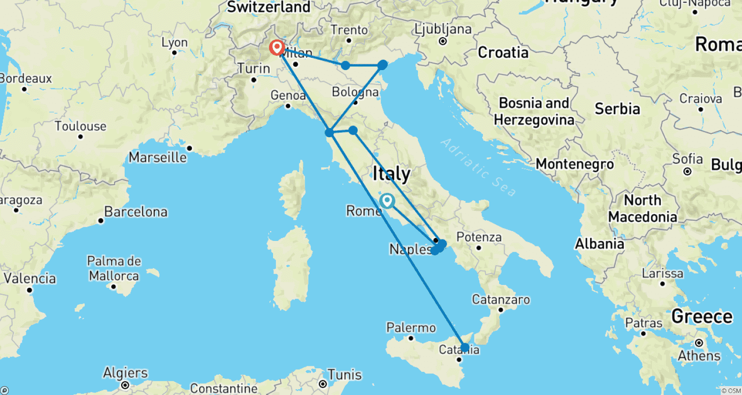 Mapa do percurso de Vistas Italianas (Roma a Stresa) (2026)