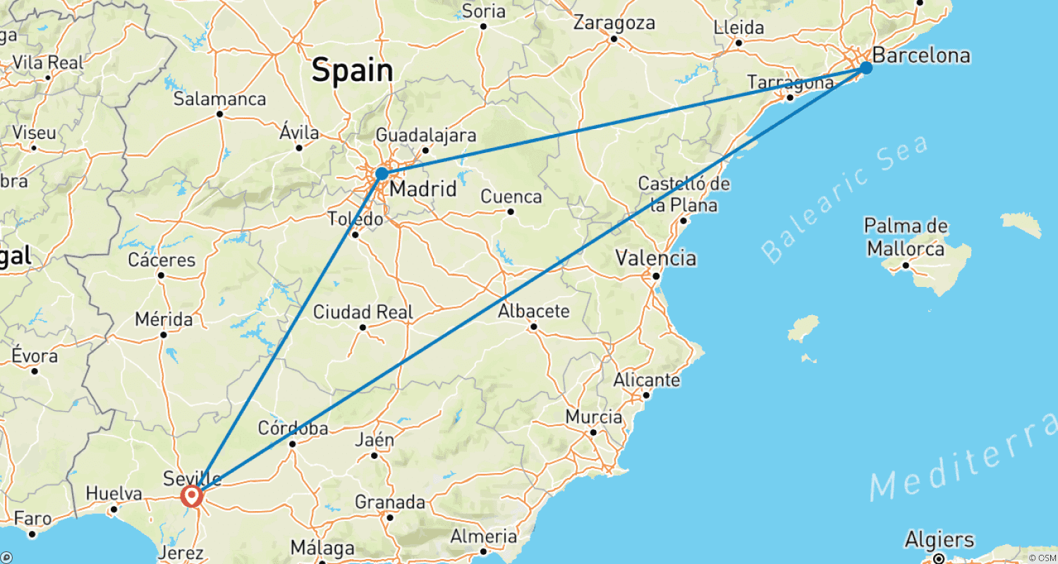 Mapa do percurso de O melhor de Madri e Barcelona a partir de Sevilha em 3 dias