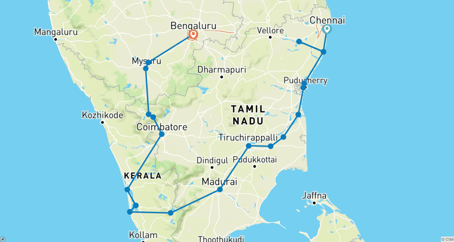 Mapa trasy: Prywatna 19-dniowa wycieczka po dziedzictwie Południowych Indii: Świątynie Maduraj i Thanjavur, Wzgórza Munnar, Rozlewiska Kerali, Hampi i Pałac Majsur
