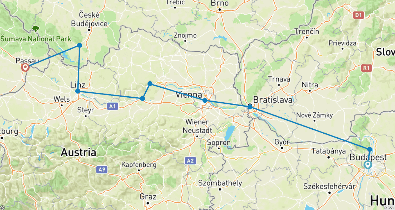 خريطة مسار Danube Explorer 2026|2027 - 8 Days