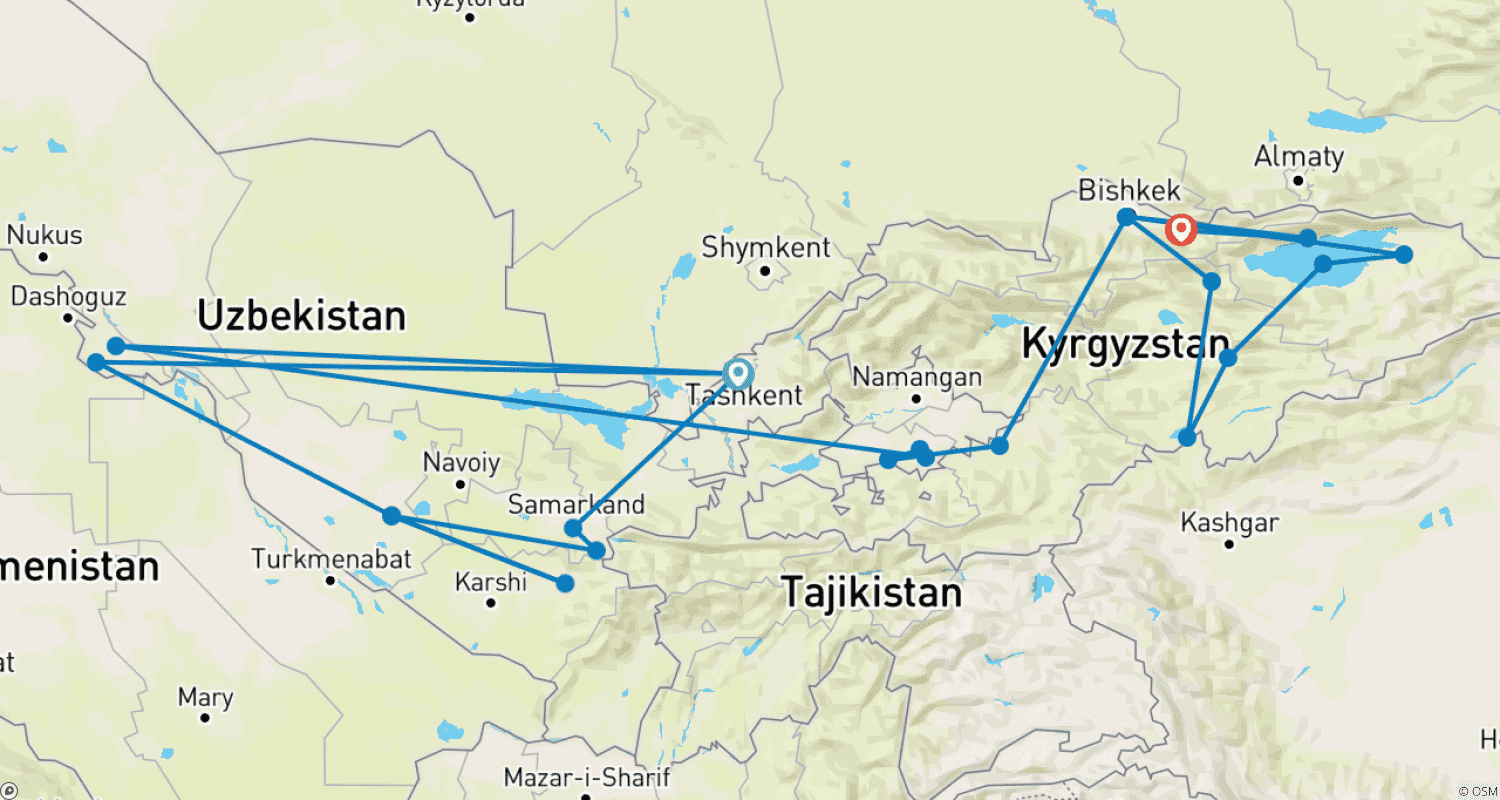 Mapa do percurso de Tour de Têxteis e Arte no Uzbequistão e Quirguistão