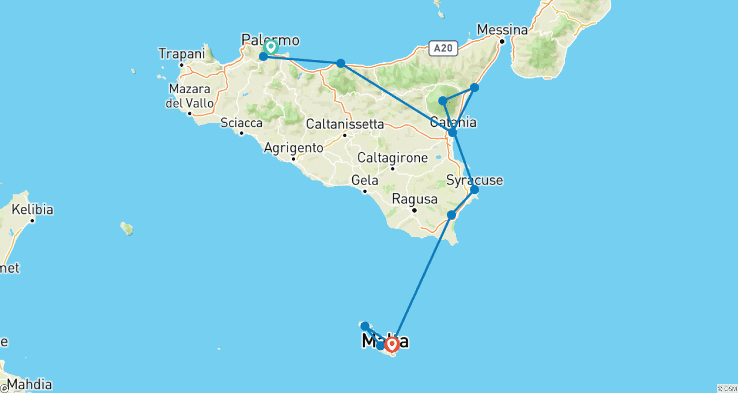 خريطة مسار Sicily & Malta: A 10-Day Journey Through Mediterranean Splendor