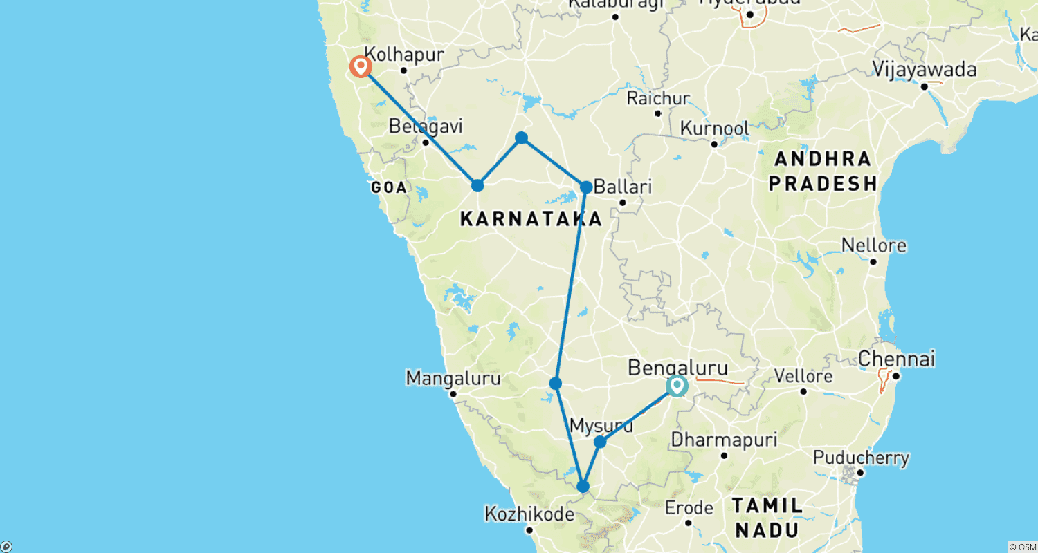 Mapa do percurso de Tour Privado de 12 Dias pelos Templos e Património do Sul da Índia a partir de Bangalore: Hampi, Mysore, Safari de Vida Selvagem e Praia de Goa