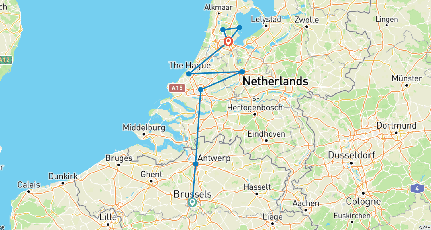 Mapa do percurso de Os Tesouros do Norte - Através de dois países extraordinários: Bélgica e Países Baixos (cruzeiro de porto a porto)
