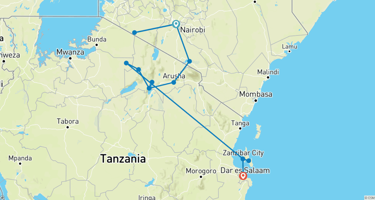 خريطة مسار On Safari in Kenya & Tanzania with Zanzibar