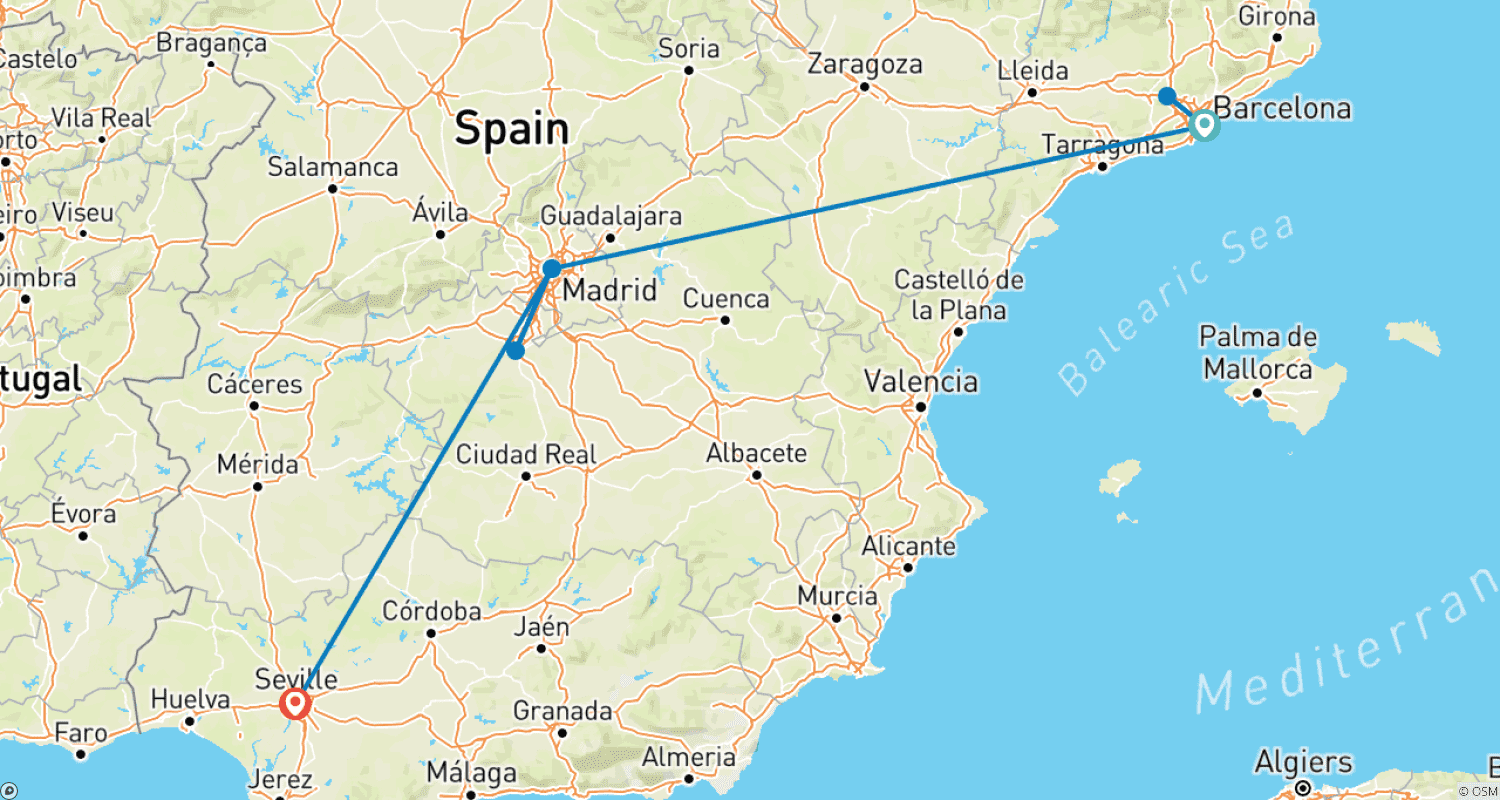 Mapa do percurso de Spain in 9 Days - Covering Barcelona, Madrid and Seville