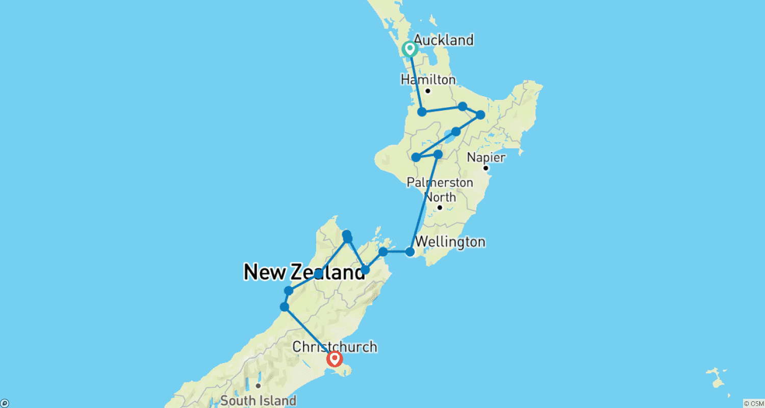 Mapa do percurso de Kereru Select de 12 Dias: A Expedição da Ilha Norte à Ilha Sul (de Auckland a Christchurch)