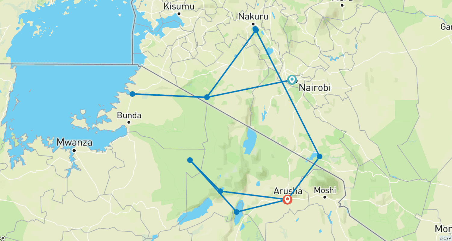 Mapa trasy: 10-dniowa Przygoda Safari: Najlepsze z Kenii i Tanzanii
