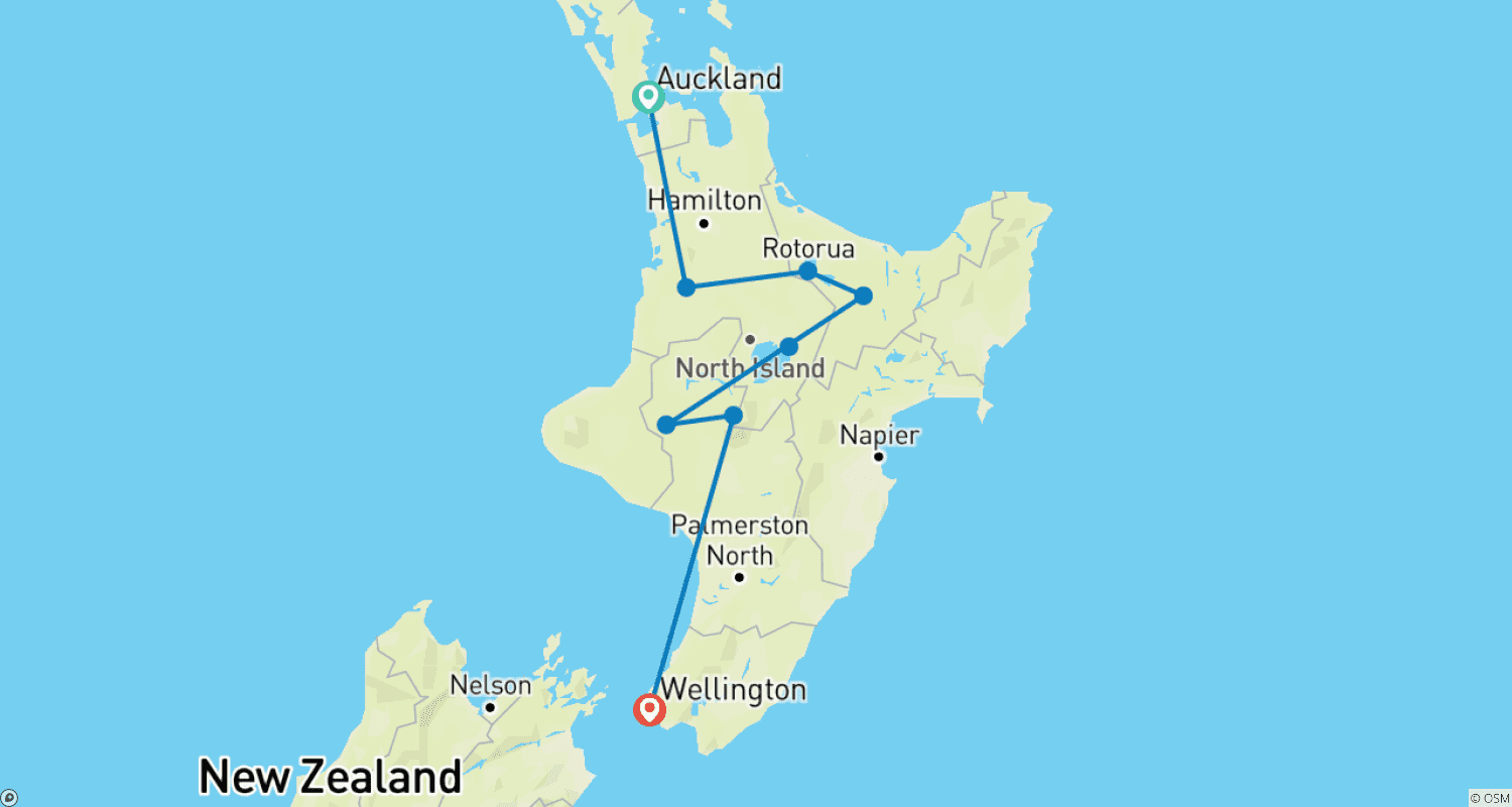 Mapa trasy: 9-dniowa wycieczka Pukeko Select: najważniejsze atrakcje Wyspy Północnej Nowej Zelandii (Auckland do Wellington)