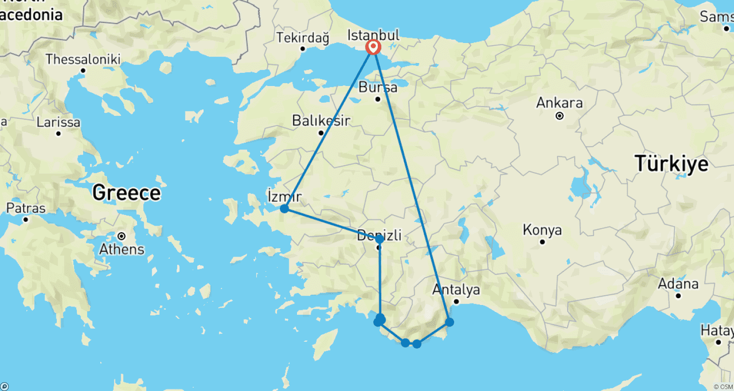Blue Voyage & Cultural Treasures of Turkey – 8 Days of Discovery from Istanbul to the Turquoise Coastのルートマップ