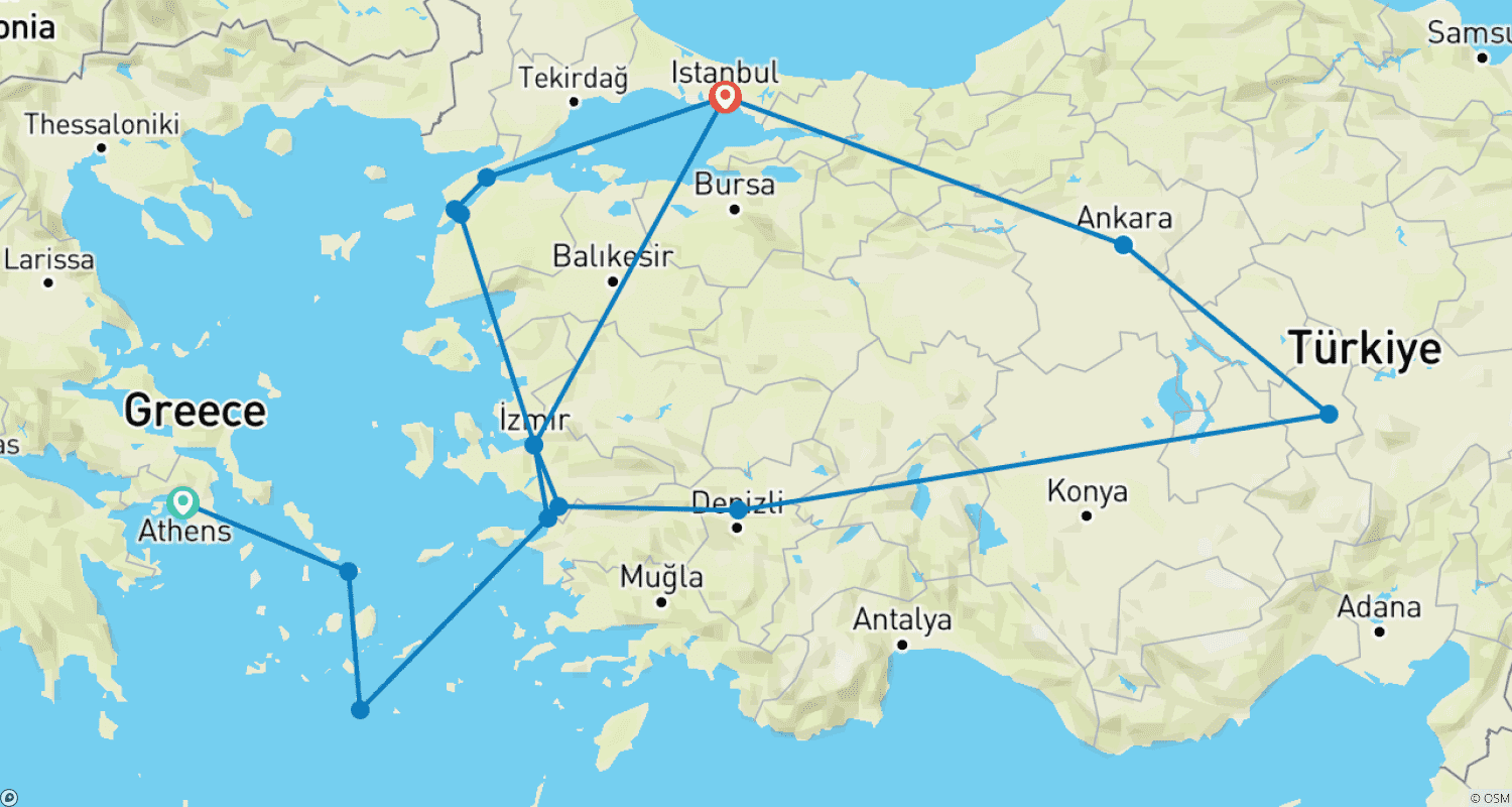 Mapa do percurso de Athens, Greek Islands & Turkey - 14 days