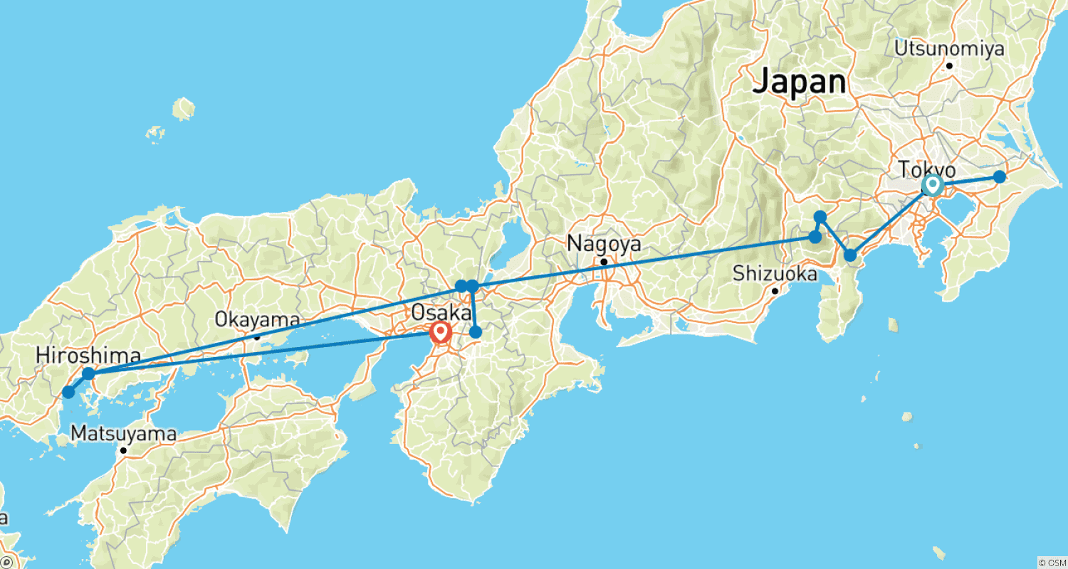 Mapa do percurso de Japão Atemporal de 12 Dias: Tóquio, Quioto, Hiroshima e Além