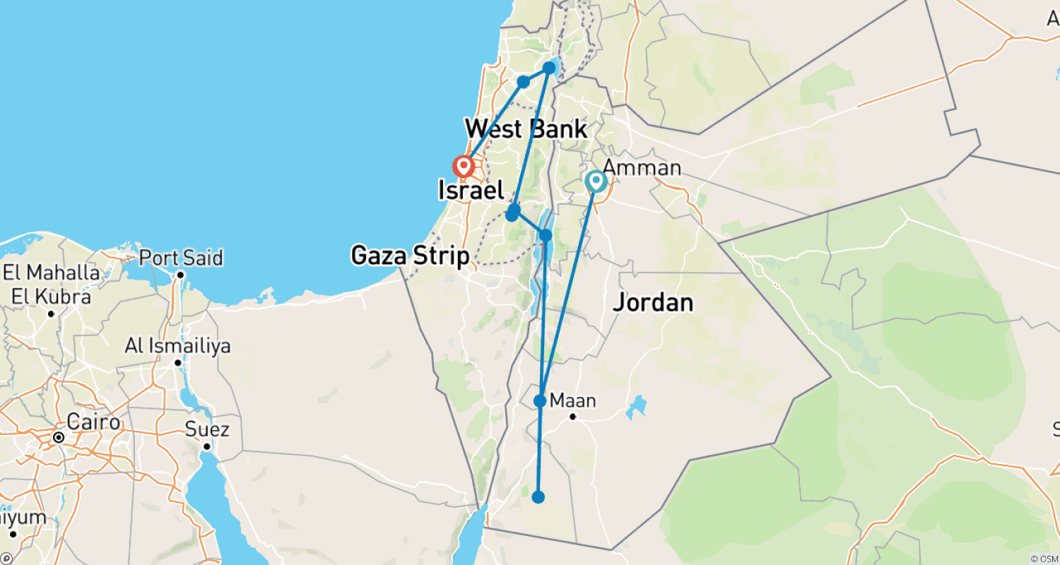 Mapa trasy: Prywatna, spersonalizowana 11-dniowa wycieczka po Jordanii i Izraelu, codzienny start i ekskluzywny samochód