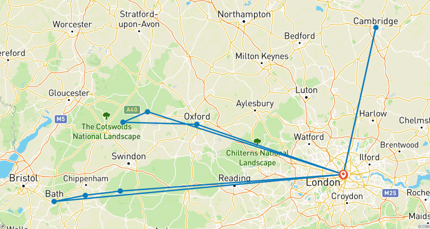 Mapa do percurso de Viagem por Oxford, Cotswolds, Bath, Avebury e Cambridge - 5 Dias (Pequeno Grupo)