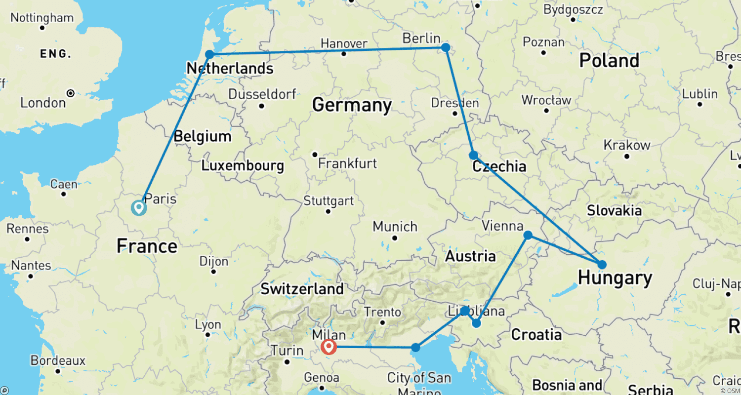 Mapa trasy: Odkryj Europę koleją - Paryż do Mediolanu