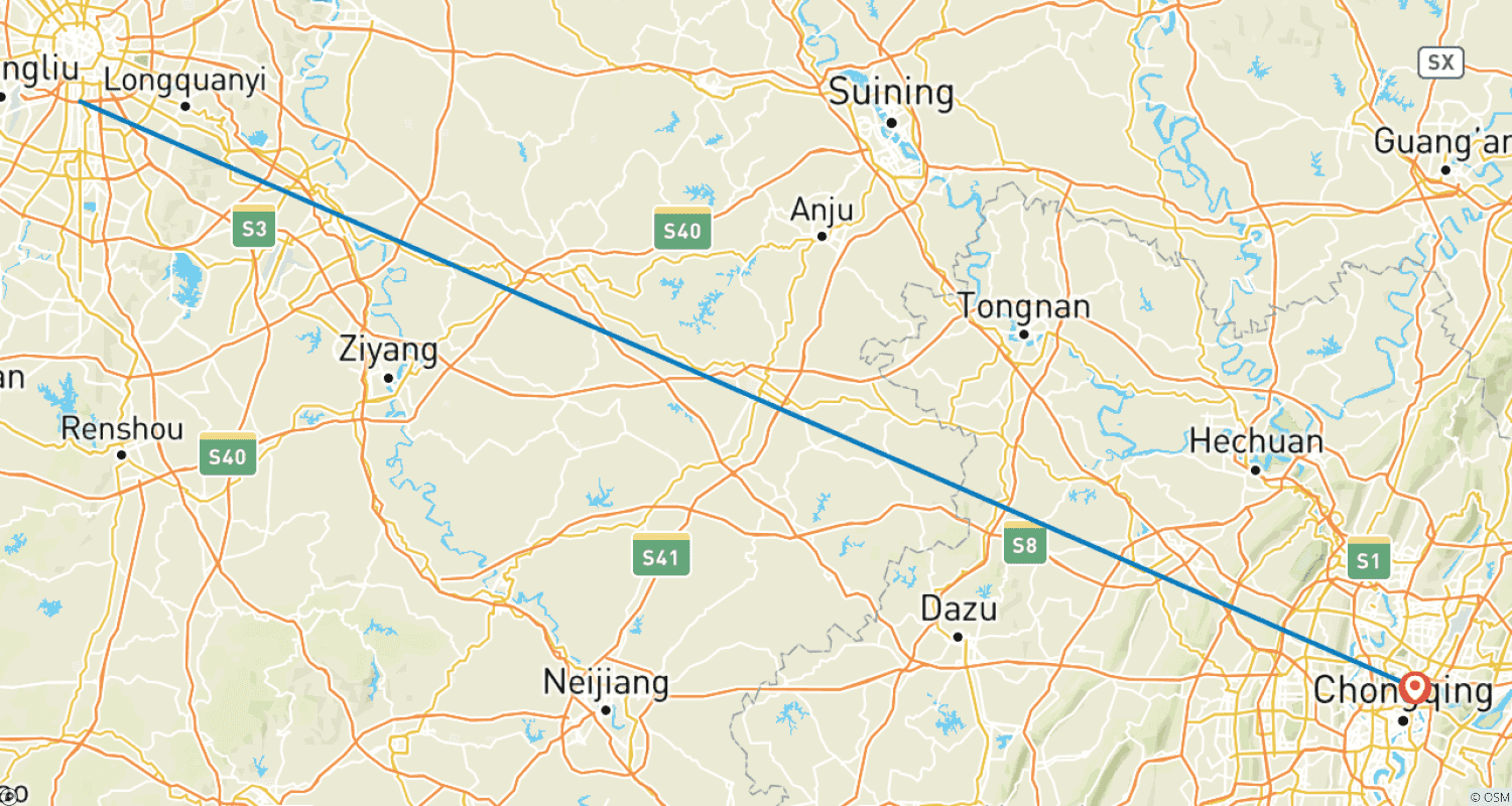 Mapa do percurso de Odisseia de Pandas Chineses em Sichuan e Chongqing (Tour Familiar Privado)