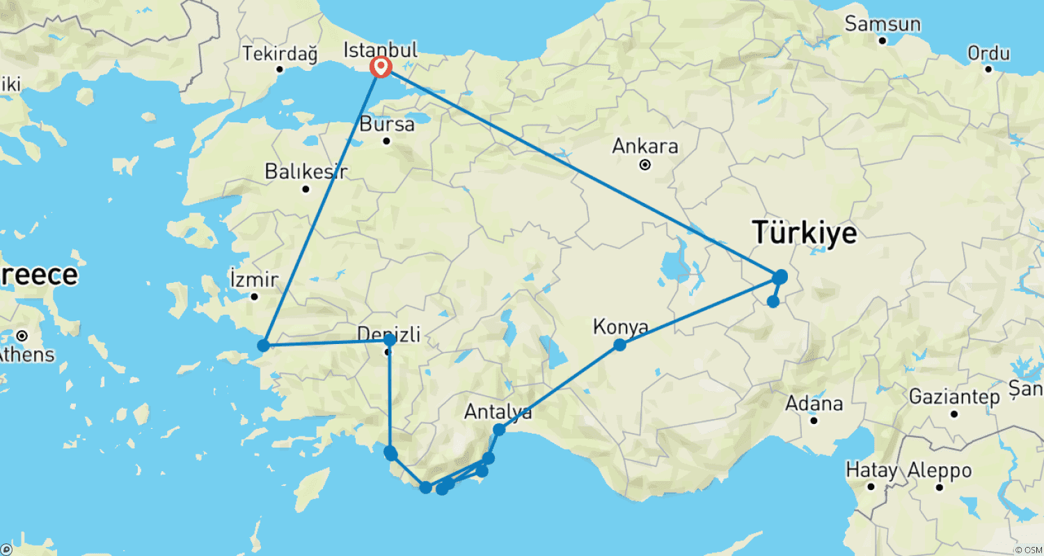 Mapa trasy: 15-dniowa prywatna, luksusowa wycieczka po TURCJI | Rejs guletem, spokój i podróż VIP | Maj – Październik | by ANGELS VACATIONS
