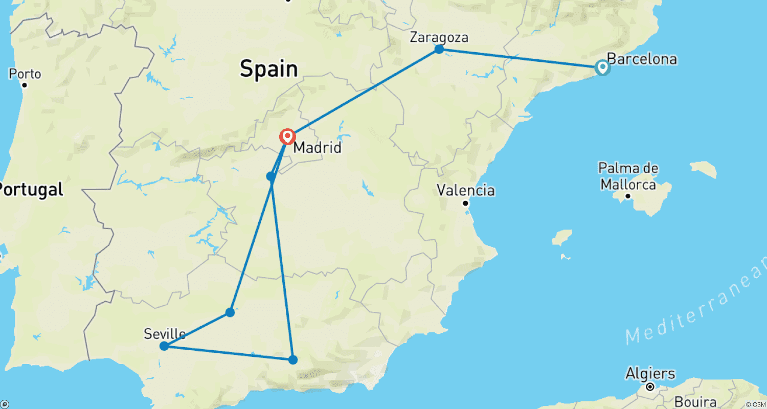 Mapa do percurso de De Barcelona à Andaluzia - 5 dias