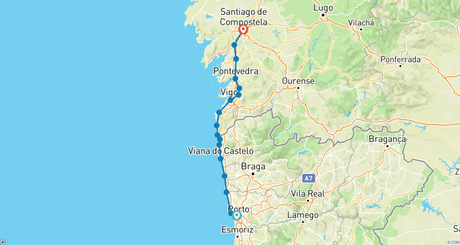 Mapa do percurso de Caminho de Santiago de Porto - 14 dias