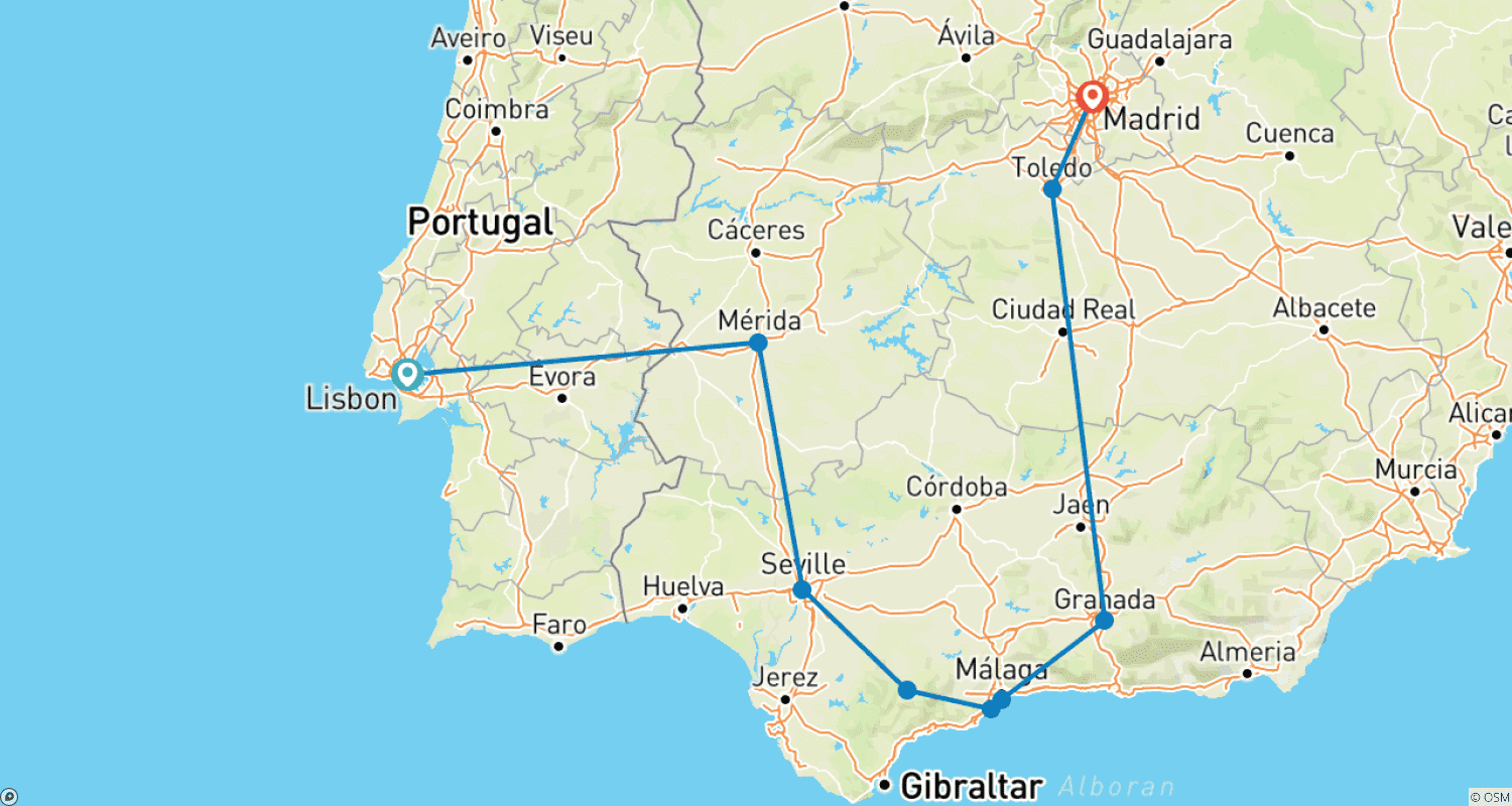 Mapa do percurso de Sevilha, Costa do Sol e Granada - 5 dias