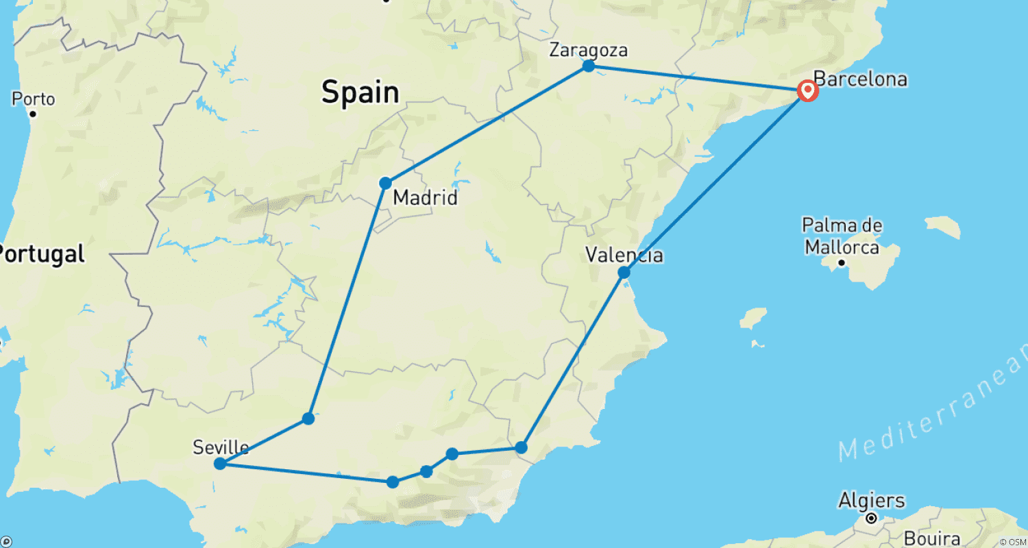 Mapa do percurso de Barcelona, Andaluzia e Valência - 6 dias