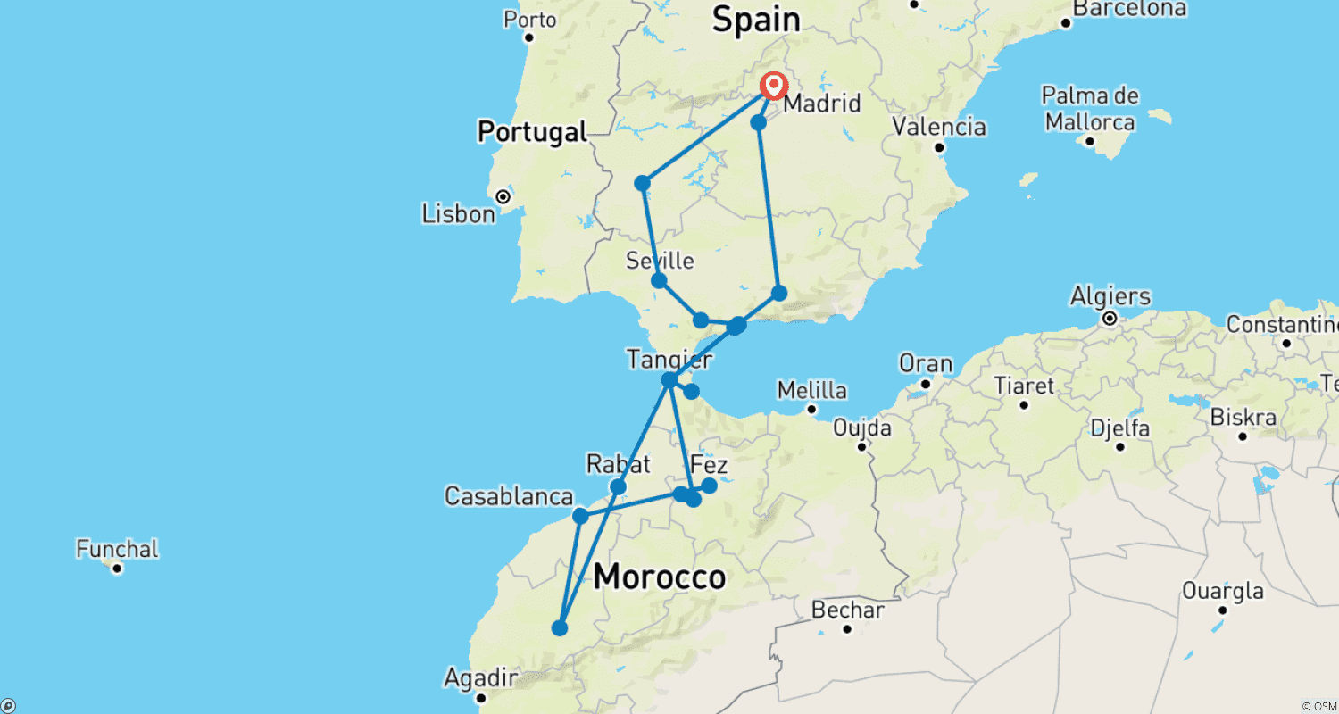 Mapa do percurso de Da Andaluzia às Montanhas do Atlas - 12 dias