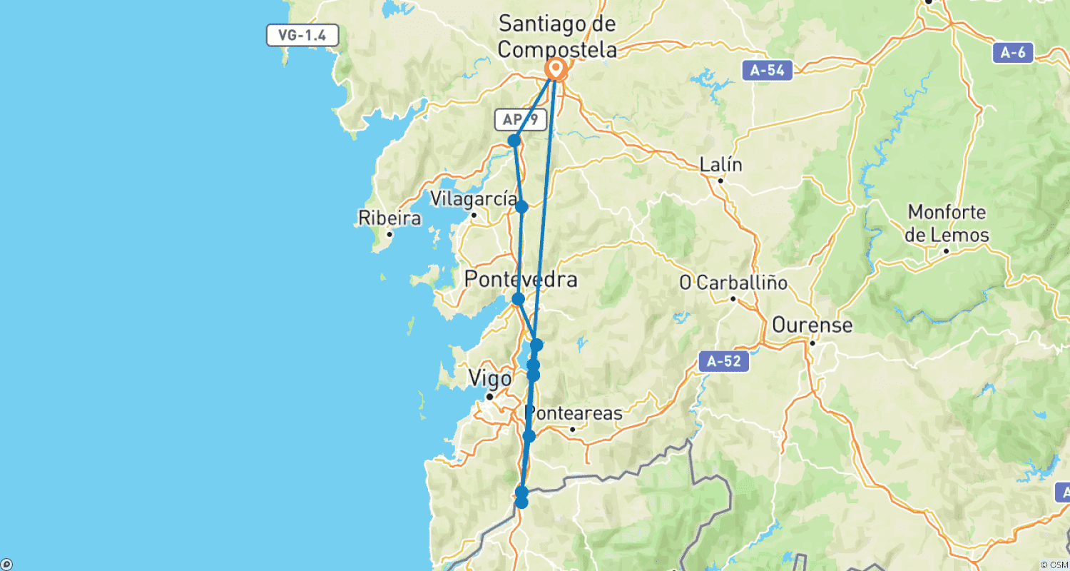 Mapa do percurso de Caminho de Santiago O Caminho Português - 8 dias