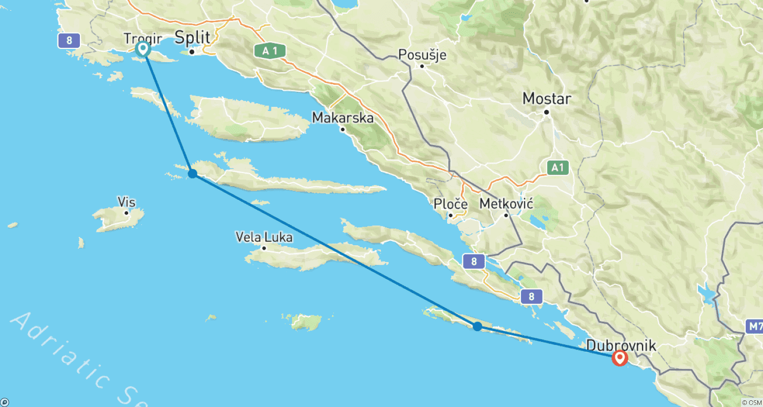 Mapa trasy: 4-day Split to Dubrovnik, Premier Plus boat, Over 40s