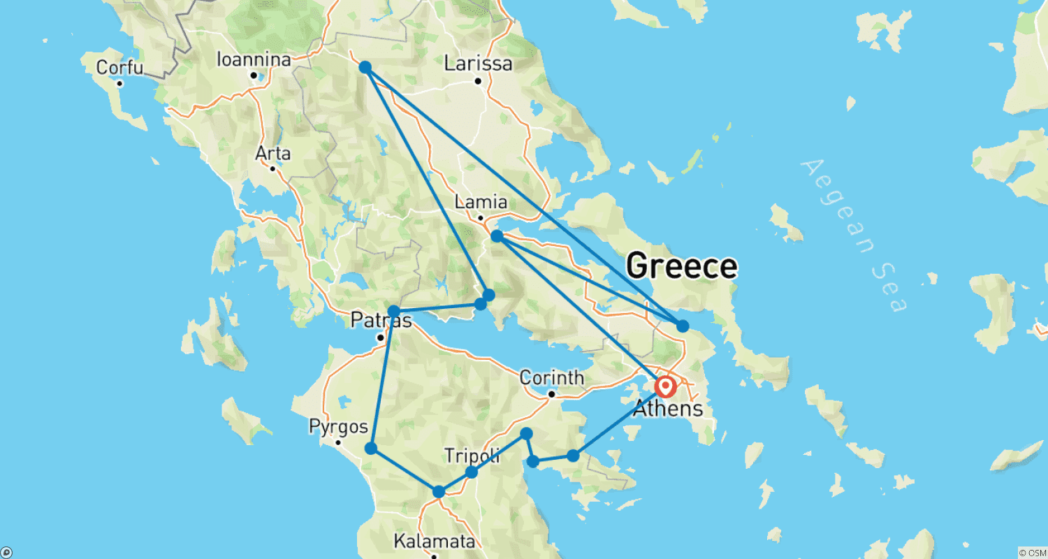 メテオラ付き 本土ギリシャ 4日間のルートマップ