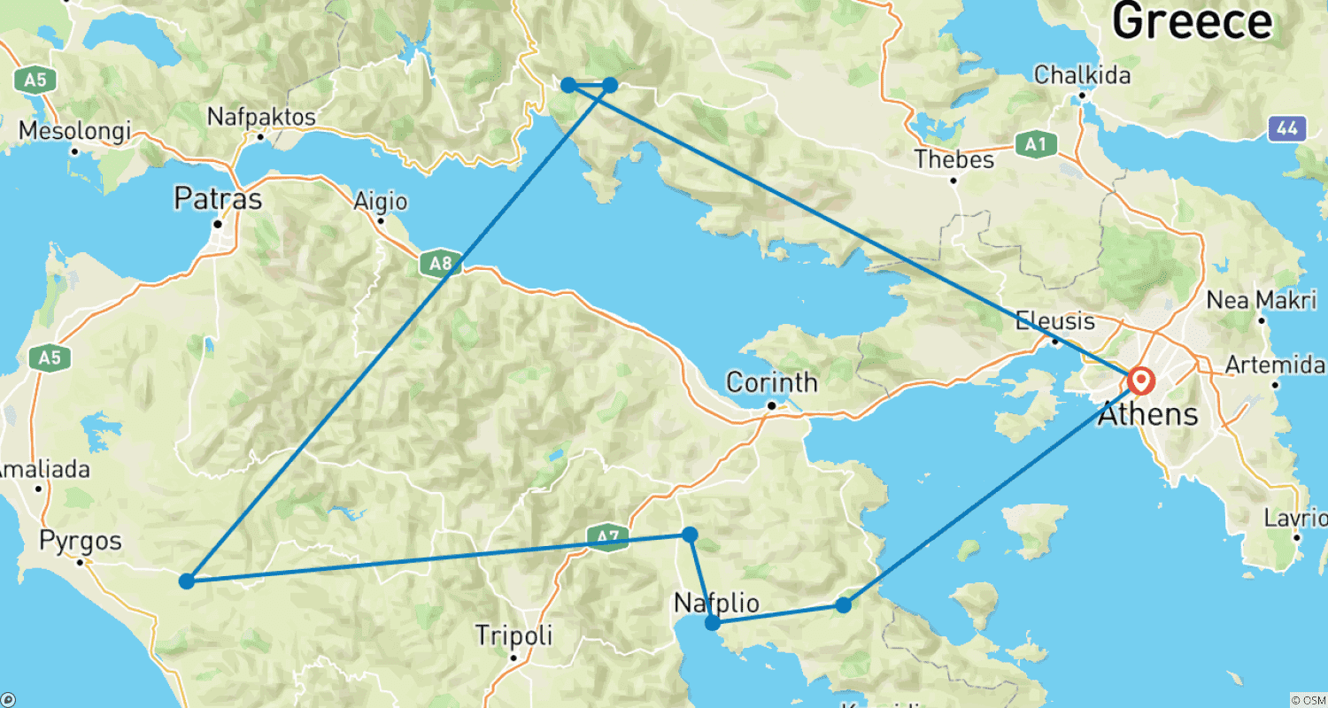Mapa do percurso de 4 Days Mainland Greece with Meteora and Nafplion
