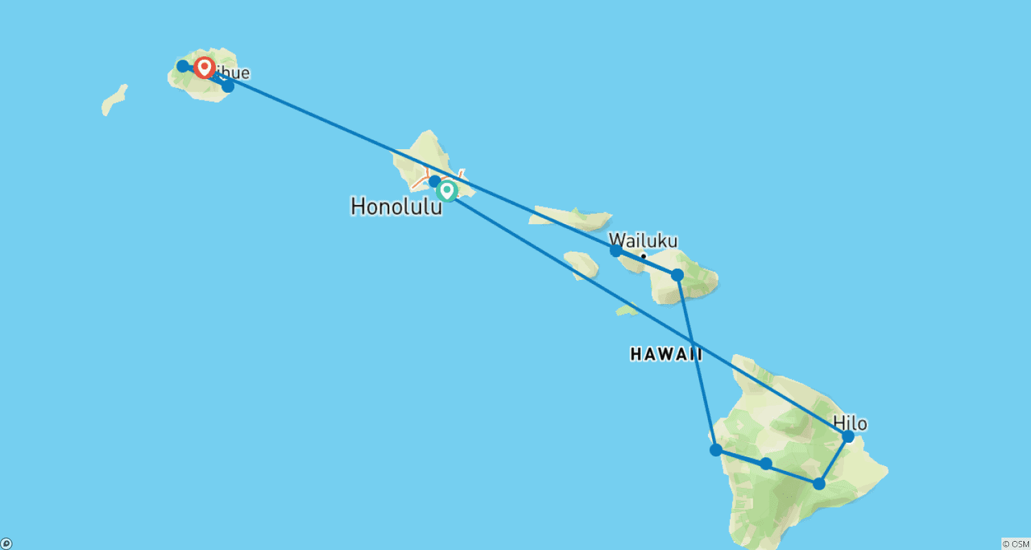 Mapa do percurso de Descoberta Havaiana (3 Voos Internos no Havaí)