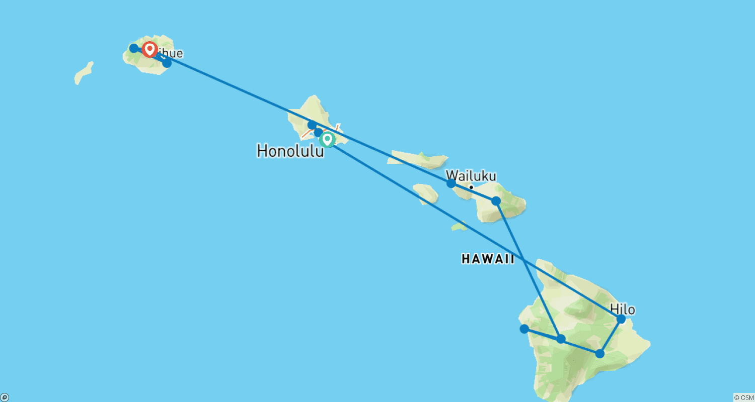 Hawaii Four Island Adventure (Intra Tour Air Hawaii 3 Flights, Premium Cruise)のルートマップ