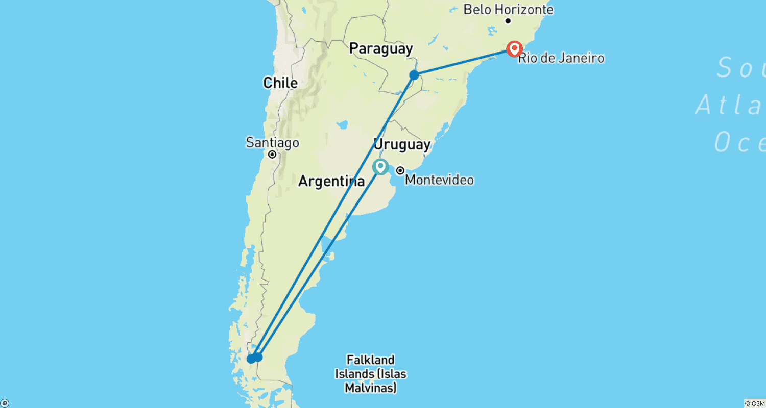 Mapa do percurso de Argentina Patagonia & Brazil