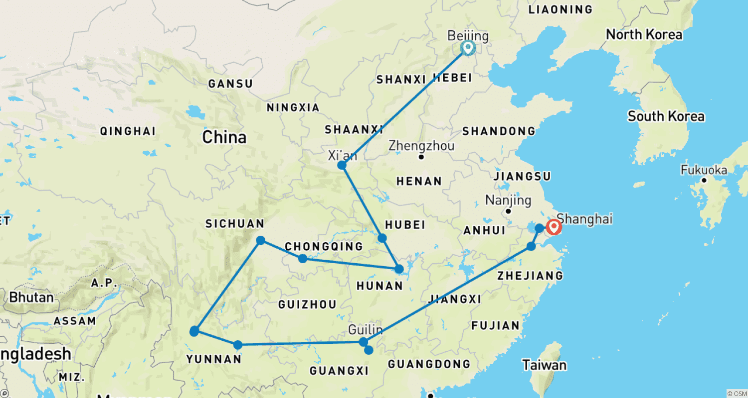 Mapa do percurso de Grande Tour pela China