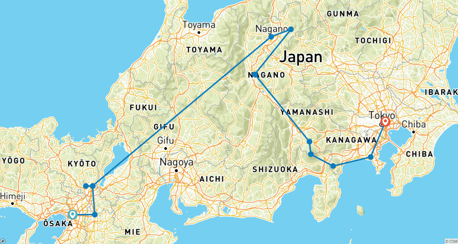 Mapa do percurso de Experimente o Japão