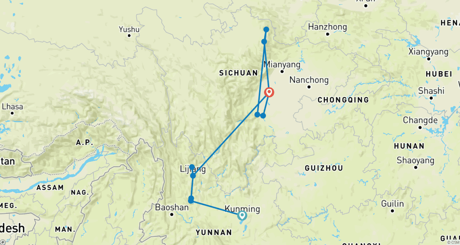Secrets of Southwest China (Yunnan & Sichuan)のルートマップ