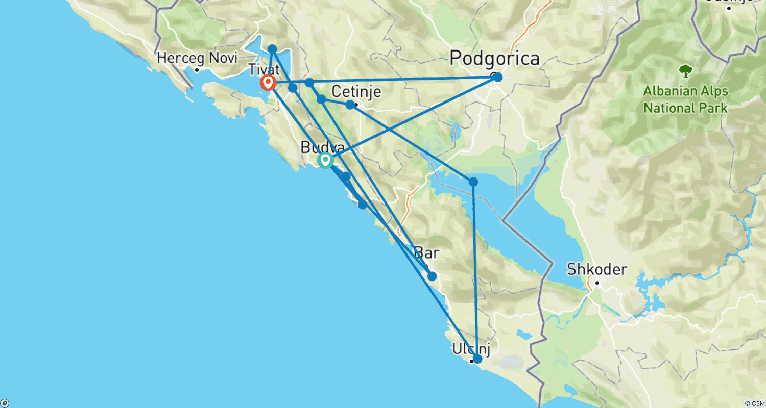 خريطة مسار Montenegro Rundreise 8 Tage - Wilde Schönheit