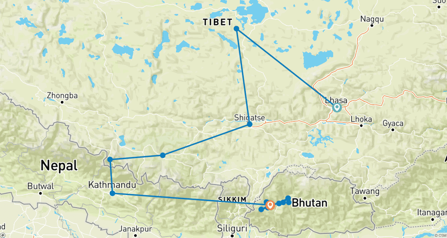 Tibet Bhutan Tour- 12 Daysのルートマップ