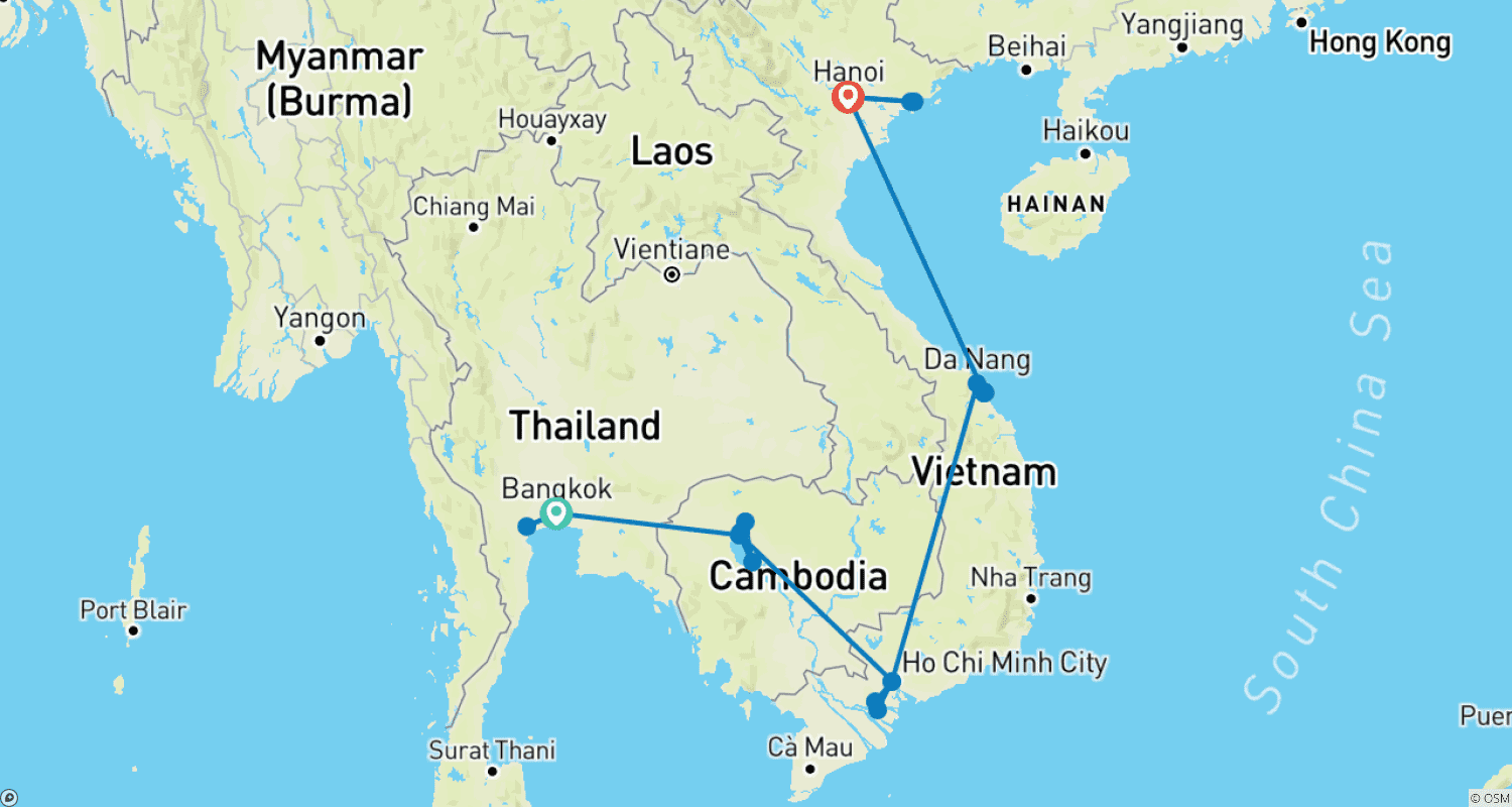 Mapa do percurso de 18 Dias de Destaques do Sudeste Asiático: Tour Personalizável pela Tailândia, Camboja e Vietnã