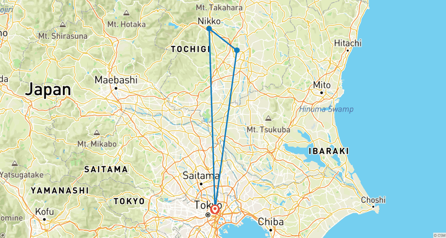 Mapa trasy: 2-dniowa podróż po Nikko i Kinugawa: Dziedzictwo i kultura