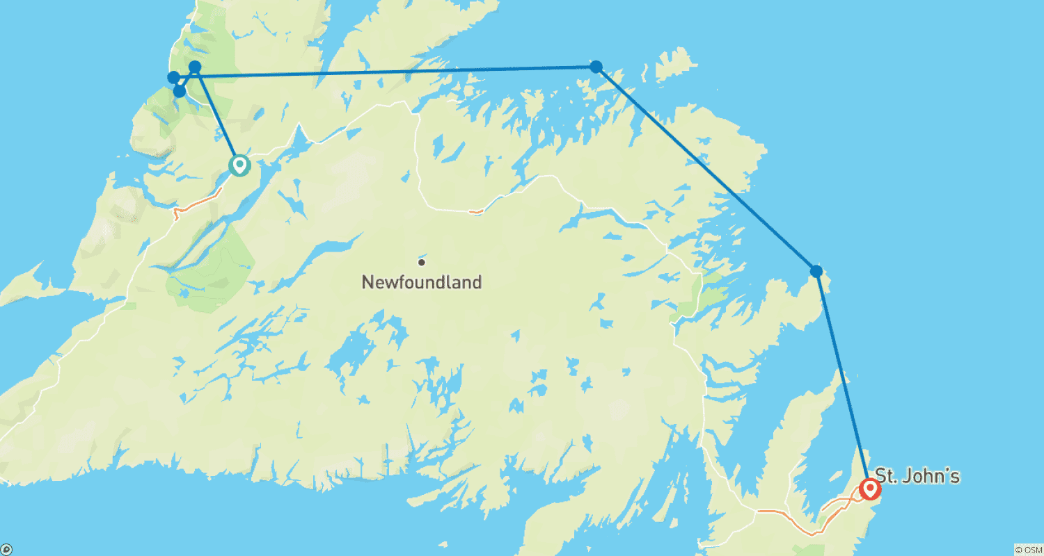 Newfoundland Adventure: From Deer Lake to St. John'sのルートマップ