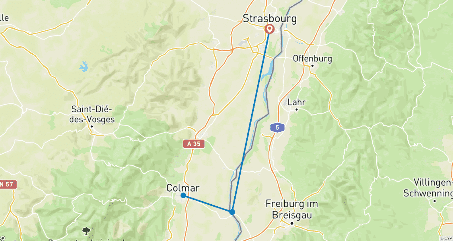 Mapa do percurso de Os Mais Belos Mercados de Natal em um Cruzeiro pela Alsácia - Estrasburgo, Colmar, comida deliciosa e luzes festivas durante o período pré-natalício (cruzeiro de porto a porto)