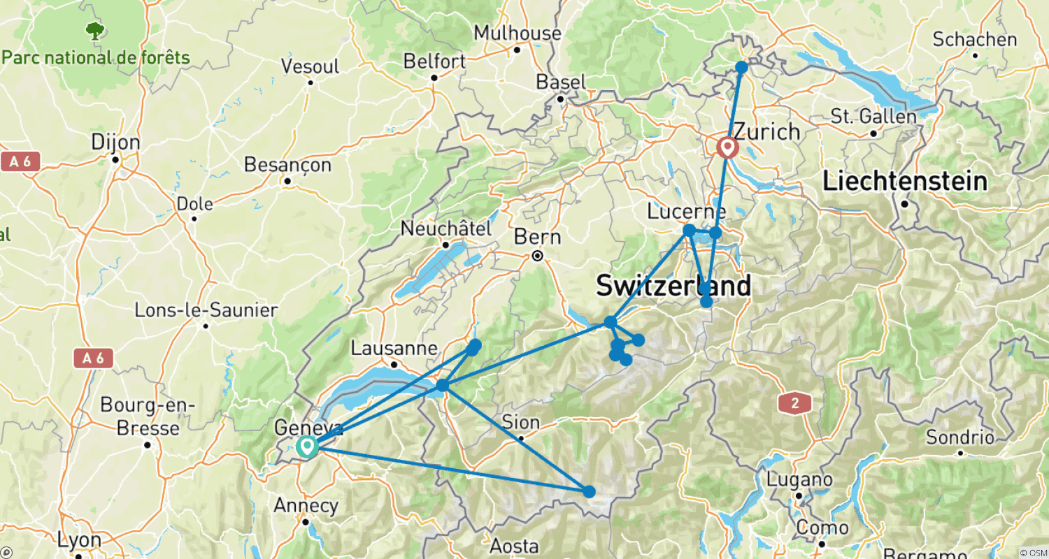 خريطة مسار Switzerland in 9 days (Covering Geneva, Zurich, Montreux, Interlaken and Lucerne)