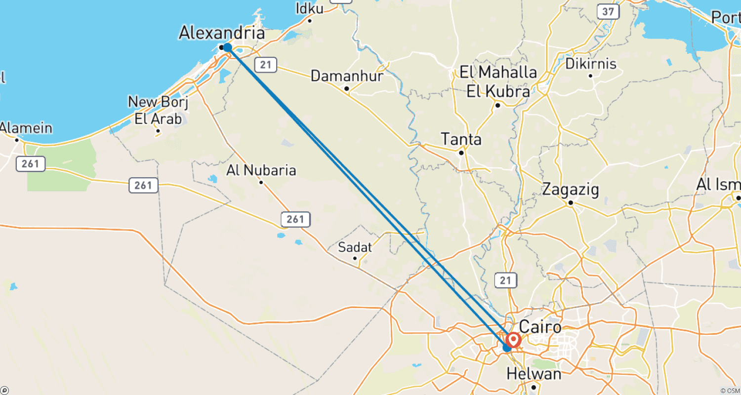 Mapa do percurso de O Melhor do Egito (Pirâmides e Grande Museu Egípcio - Alexandria - Saqqara e Mênfis) 5 Dias