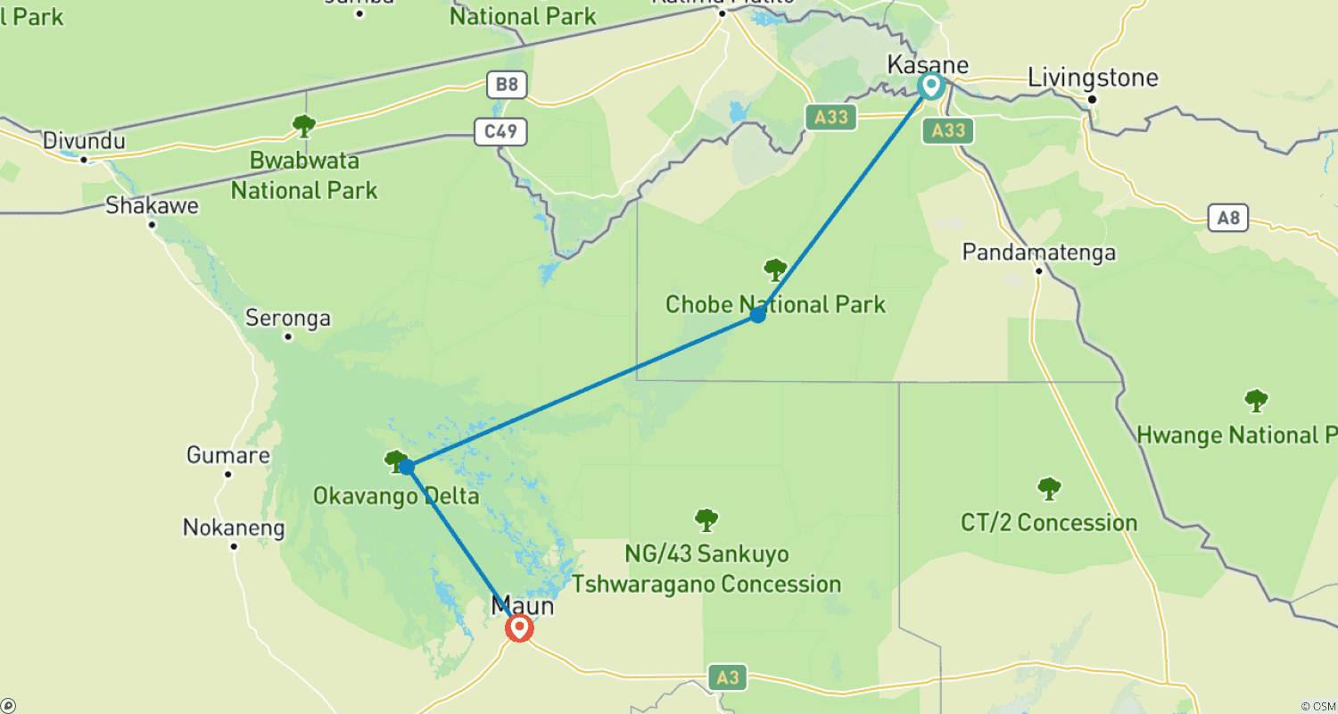 Mapa do percurso de Safari de 3 Dias pela Vida Selvagem de Chobe e Okavango