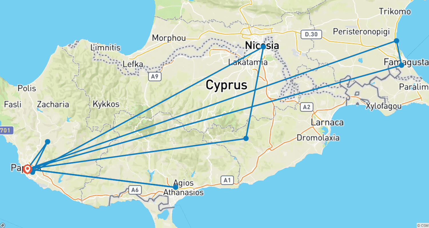 خريطة مسار 8 Days in Cyprus: A Tapestry of History, Myth & Mediterranean Life (Monday Arrivals)