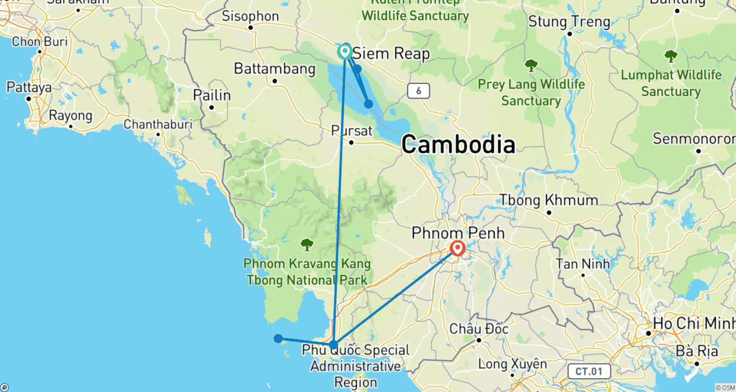 Mapa do percurso de Excursão de 9 Dias no Camboja: Siem Reap, Ilha Koh Rong e Phnom Penh