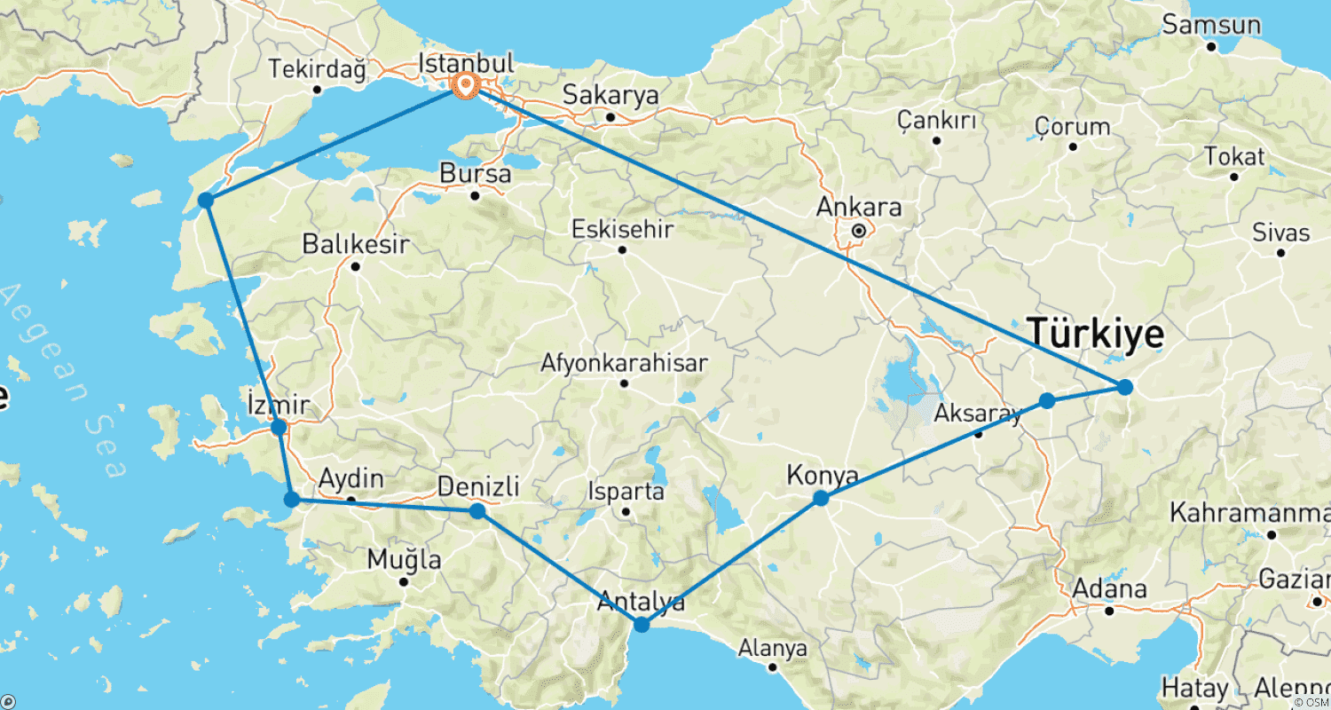 Mapa trasy: 15 Days Turkey Tour Package